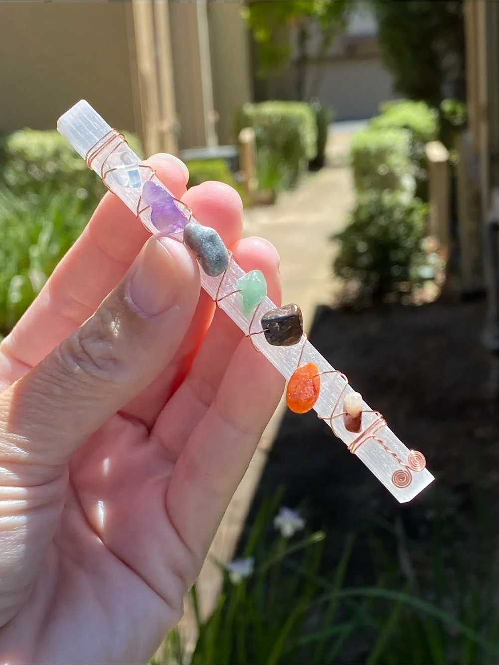 Selenite 7 Chakra Wand Mixed Crystals - Meditation, Reiki, Crystal Decor